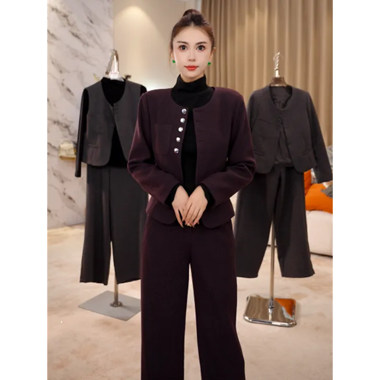 G9393时尚休闲套装女2025秋冬新款洋气显瘦圆领外套阔腿裤三件套