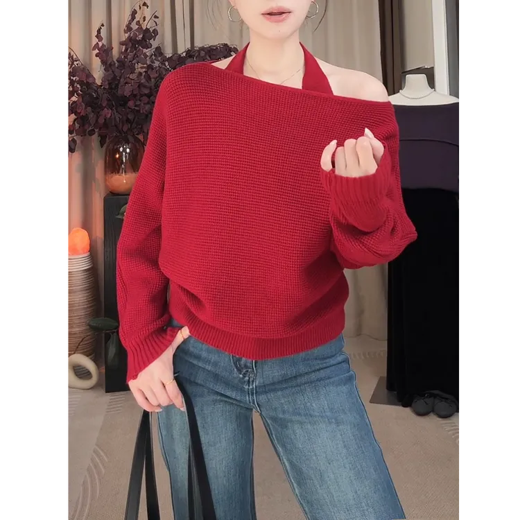 温柔纯欲风设计感两件套秋冬款挂脖背心外搭一字肩针织衫厚款毛衣