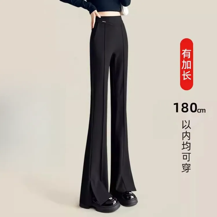 气质百搭爆款西装微喇裤女时尚侧开叉拼接松紧腰免烫垂感喇叭裤女