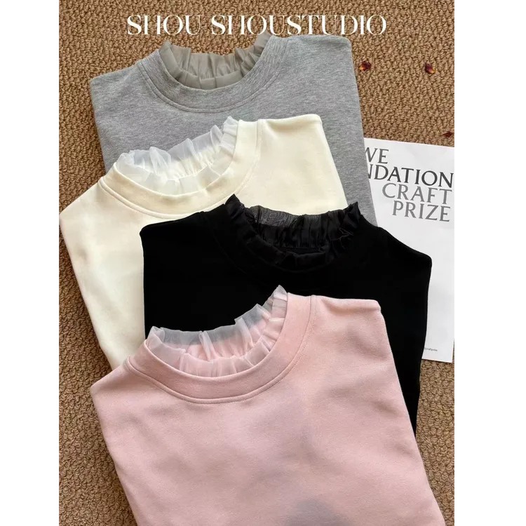 【瘦瘦】大码立领纯色百搭显瘦蕾丝拼接保暖长袖打底套头S02333