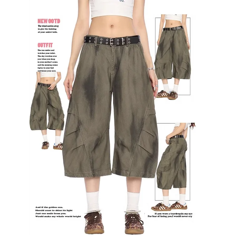 美式复古做旧脏染设计感工装七分裤女夏季褶皱宽松直筒阔腿中裤子
