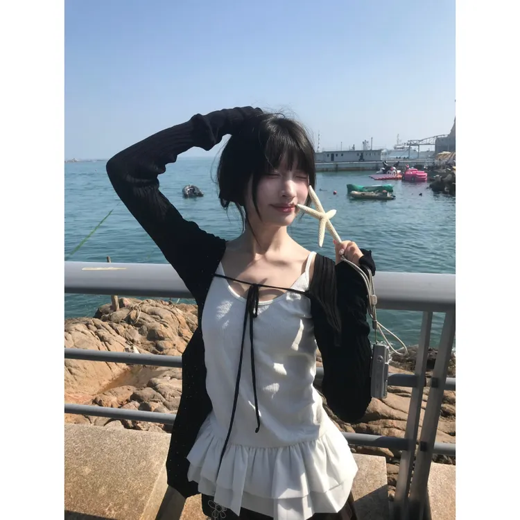 小宅女 黑色薄款针织开衫外套秋罩衫小外搭配吊带披肩两件套上衣