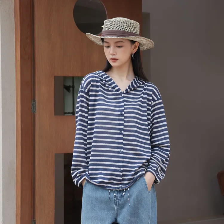 麻享【微风与帆·帽衫】纯汉麻针织条纹帽衫下摆抽绳春秋女FSY50924