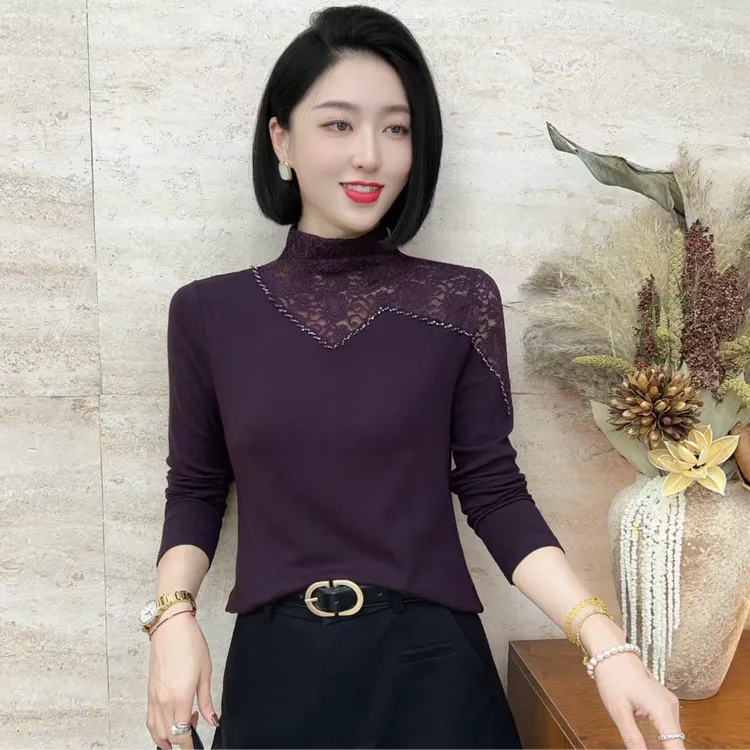 【韩紫朵 】2025秋冬新品钉珠漏洞设计半高领百搭t恤上衣显瘦