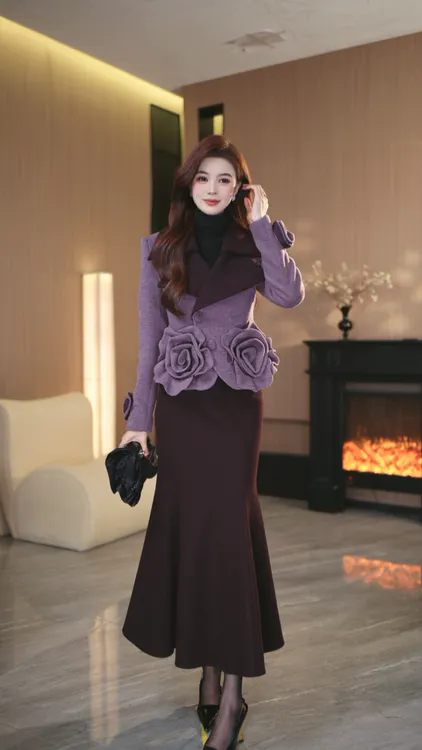罗曼定制 高定原创紫色花朵气质名媛翻领上衣+鱼尾半身裙套装女