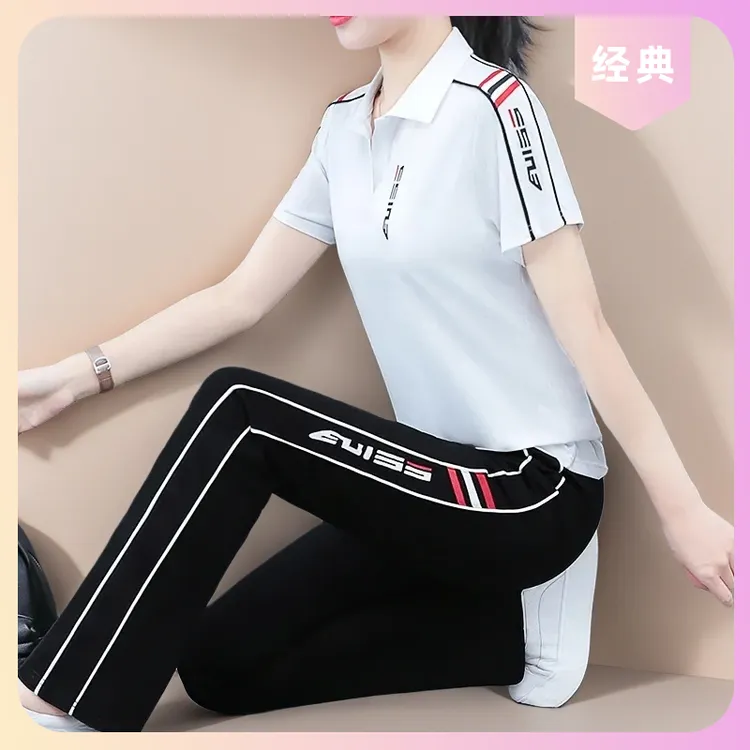 啄木鸟女士时尚跑步洋气大码休闲夏季显瘦减龄薄款气质夏装运动套