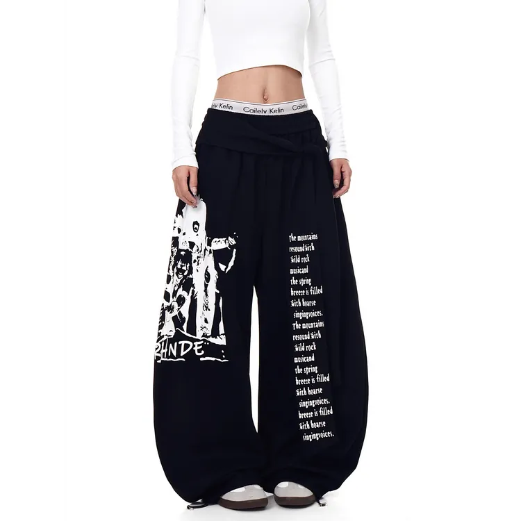 美式复古字母印花绑带叠穿弯刀休闲卫裤女爵士舞街舞宽松阔腿裤