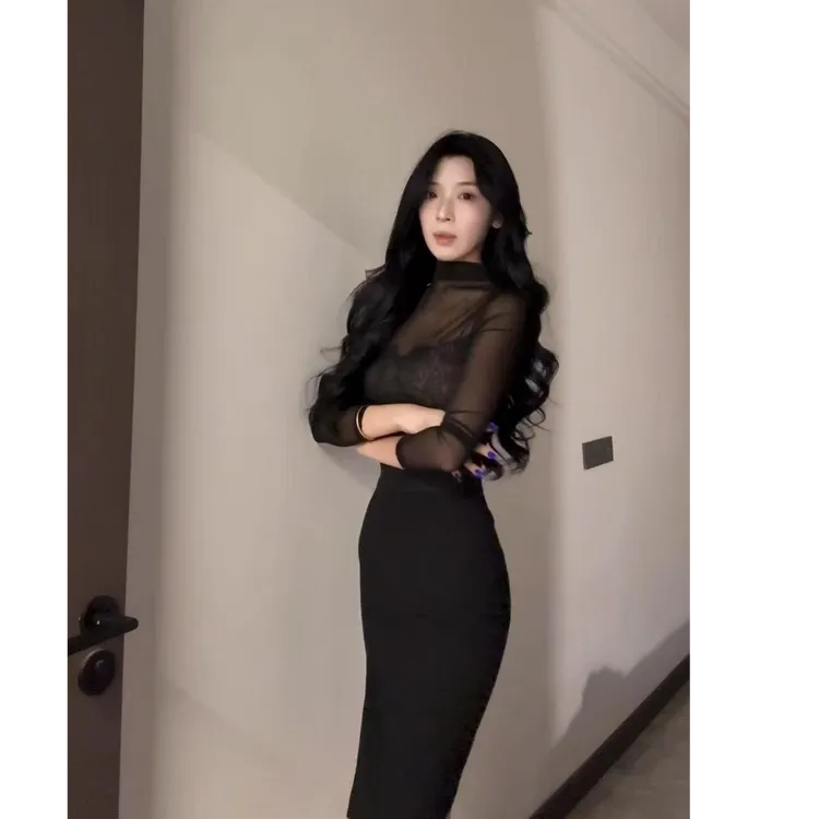 辣妹御姐透视连领长袖女上衣内搭蕾丝吊带抹胸性感半身裙三件套