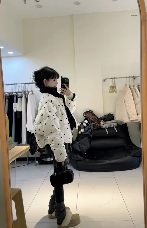 2025冬季新款韩系白色爱心波点棉服外套女宽松百搭保暖面包服棉衣