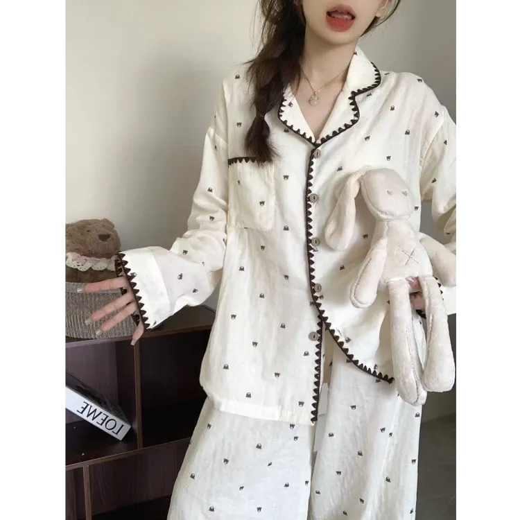 韩版宽松卡通熊睡衣女2025新款春秋甜美长袖长裤家居服套装可外穿