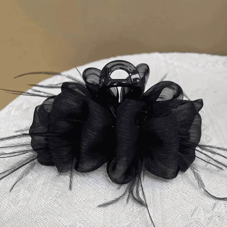 云朵网纱泡泡2025新款大号羽毛后脑勺发夹鲨鱼显发量夹子发卡