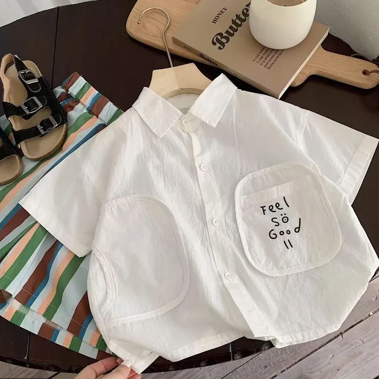 儿童短袖白衬衫2025夏季新款男童韩版纯色休闲大口袋百搭衬衣潮