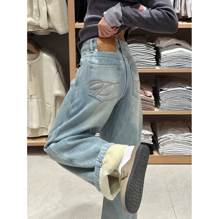 2025秋冬加绒新款设计感高腰宽松阔腿牛仔裤女宽松显瘦百搭拖地裤
