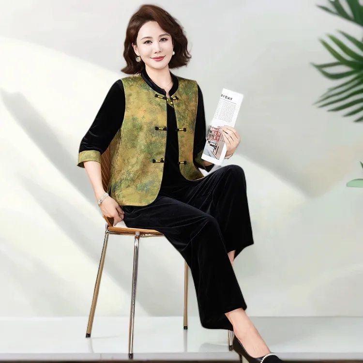 中老年女装中国风妈妈秋装三件套提花马夹外套中国风新中式民族风