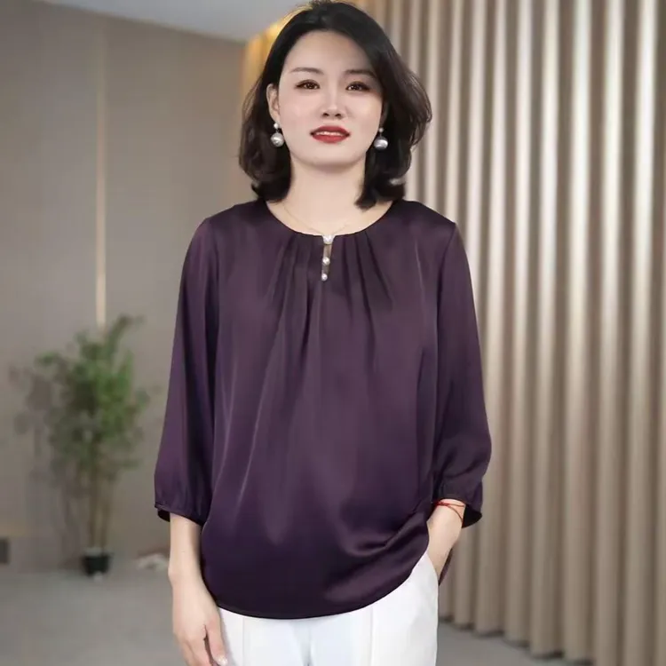高档缎面小衫紫色高贵感小衫上衣早秋新款宽松设计小衫上衣妈妈装