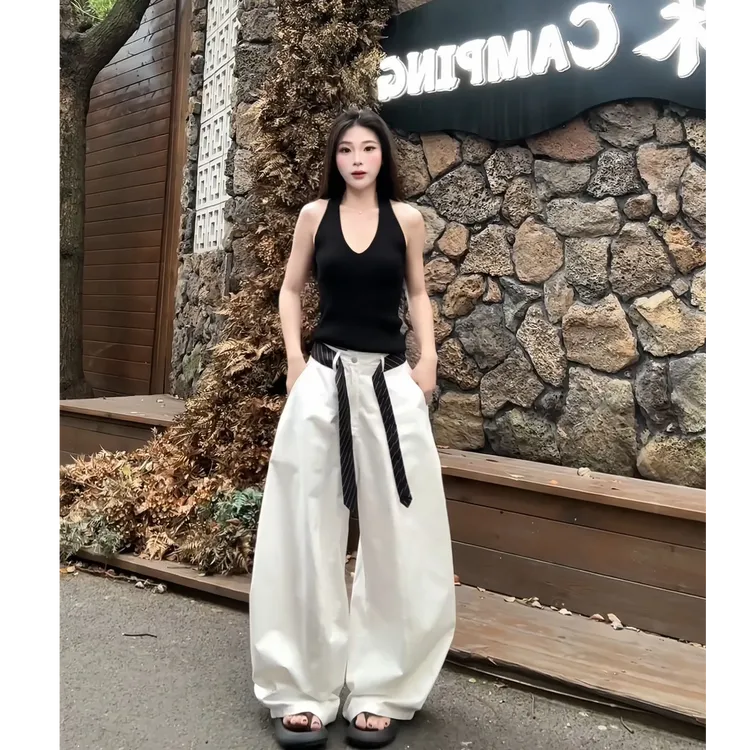 夏季新款气质透气轻薄高腰宽松百搭垂感阔腿裤白色休闲裤女