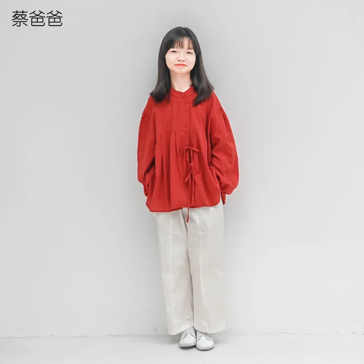 蔡爸爸原创童装新款文艺春秋装大童红色长袖衣服少女衬衣209+715