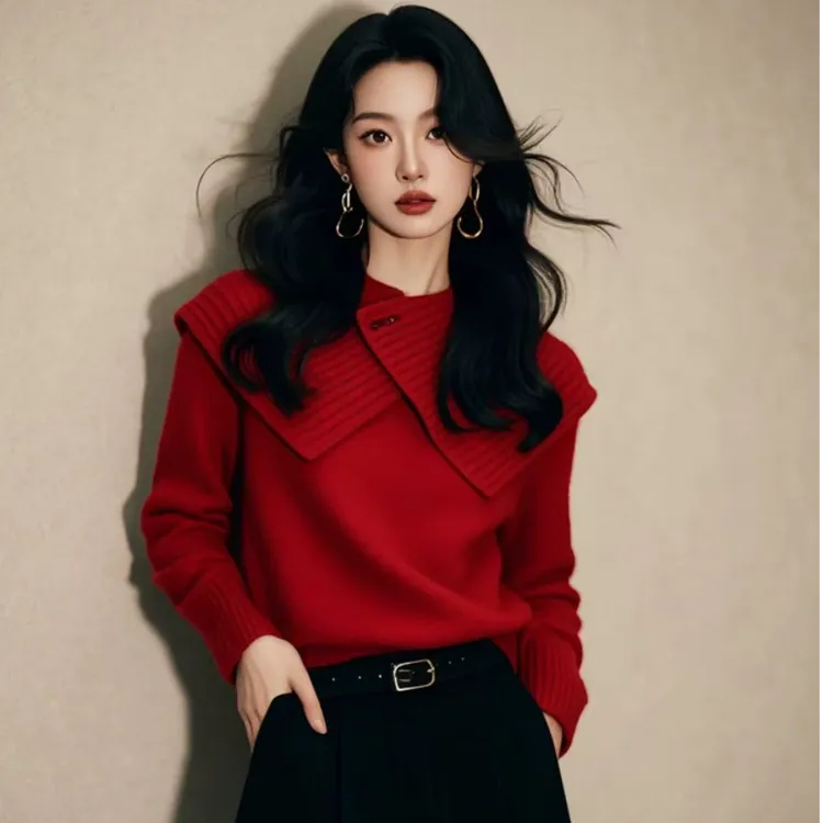 新年红色不规则翻领针织衫女春秋新款软糯毛衣高级感宽松显瘦上衣