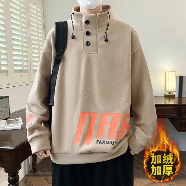 2025青少年秋冬半高领奥粒绒卫衣男士宽松加绒加厚保暖潮流打底衫