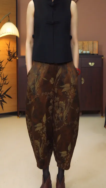 新款复古印花宽松阔腿灯笼裤提花春夏花苞花色松紧腰夏季裤子国风