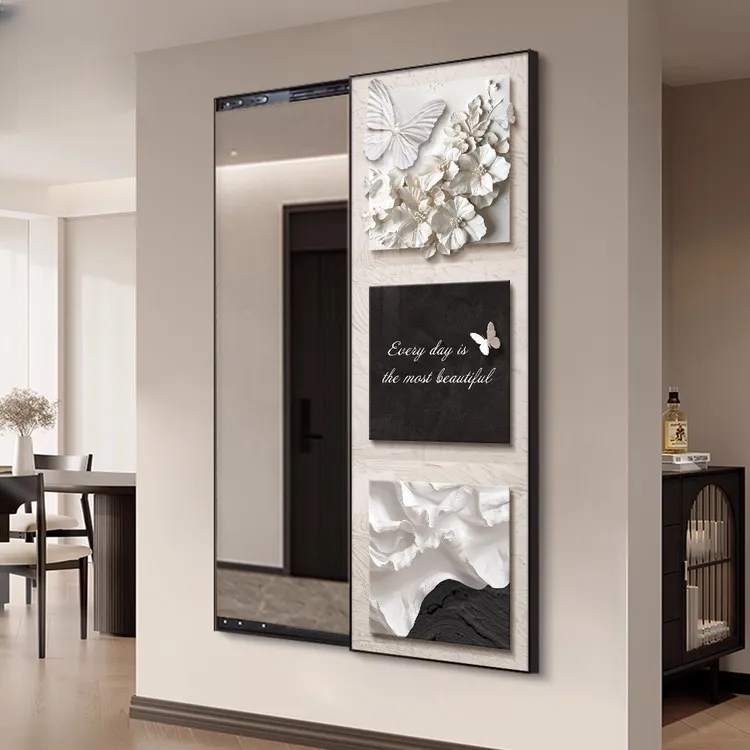 隐藏式推拉装饰画全身镜黑白蝴蝶玄关卧室翻开门暗藏式隐形镜子画