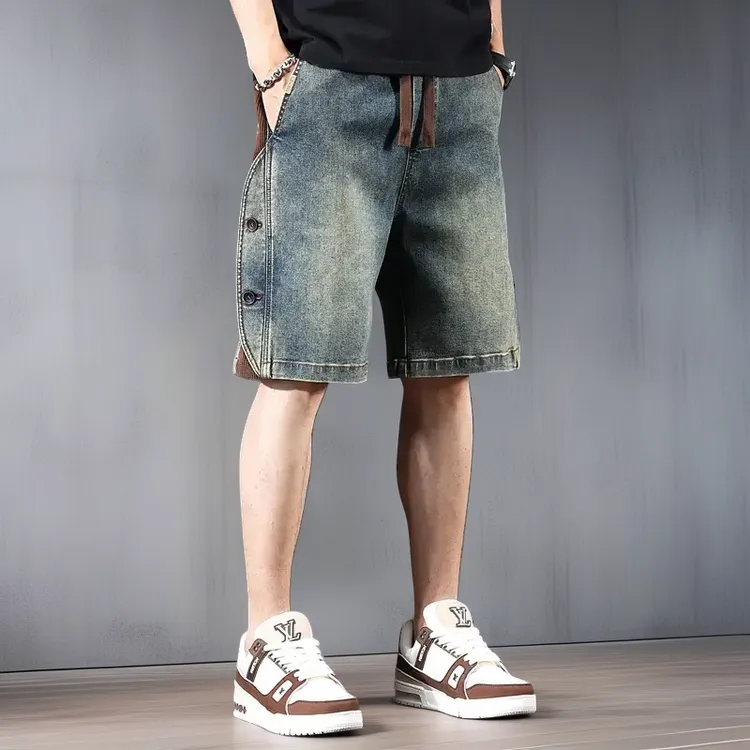 美式复古牛仔短裤男夏季新款透气宽松大码五分裤潮牌痞帅休闲中裤