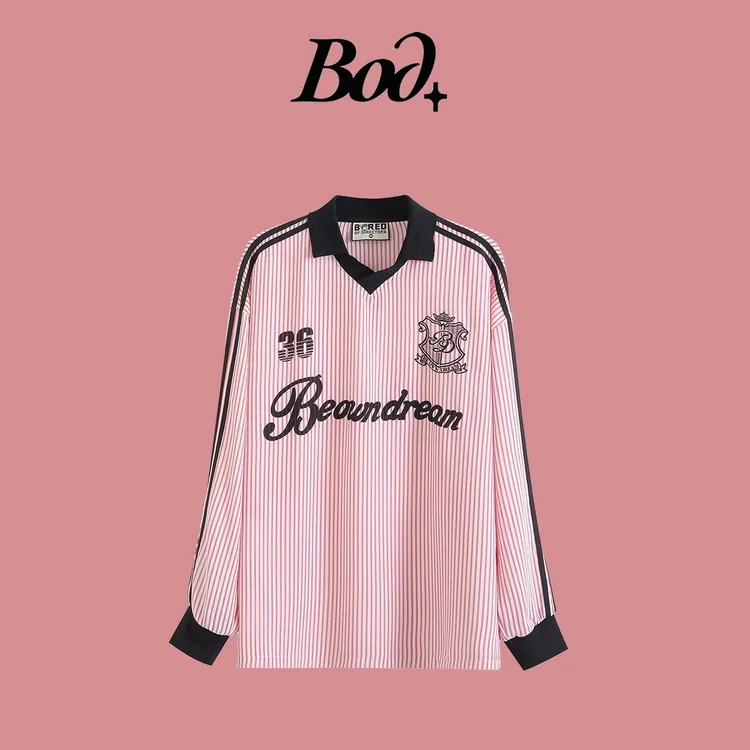 Bod+透气亲肤甜美可爱V领洋气韩系ins条纹慵懒风长袖T恤早秋