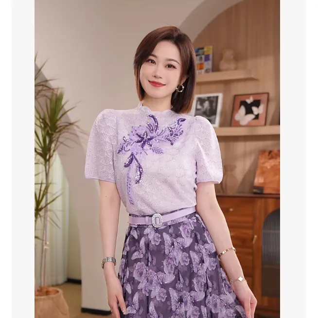 【瑰丽女主】Molly淡紫蕾丝上衣重工亮片刺绣泡泡短袖T恤M2610902A