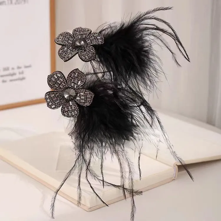 ZG【专享】秋冬新款羽毛边夹新款花朵毛毛发夹前额碎边夹通勤闪钻女