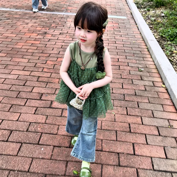 2026新款夏款绿野仙踪超显白复古橄榄绿两件套纱纱上衣牛仔裤套装