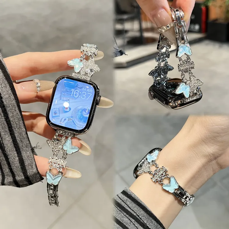 闪钻蝴蝶适用小米手环9pro表带8pro金属红米watch5/4腕带夏天表链