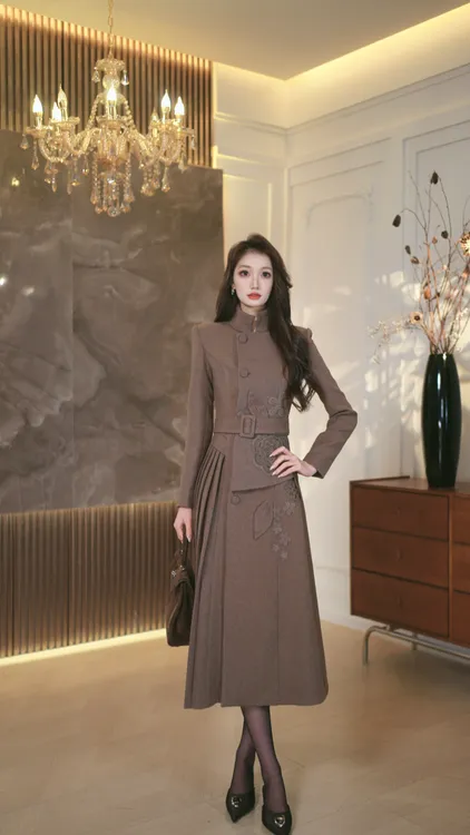 罗曼定制  原创设计复古长袖毛呢连衣裙冬季中国风气质显瘦圆领
