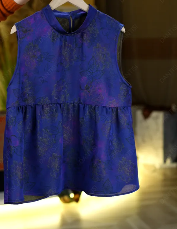 蓝色妖姬《非遗美学》2239国风复古印花减龄显瘦无袖上衣