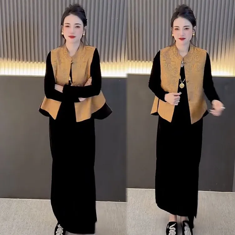 80830秋冬新款显瘦新中式马甲+丝绒连衣裙两件套时尚百搭国风套装