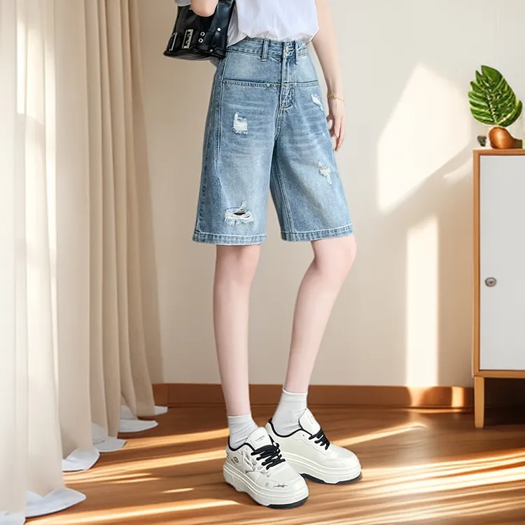 破洞五分牛仔裤女高腰显瘦夏季薄款宽松韩版凉感显腿长通勤521