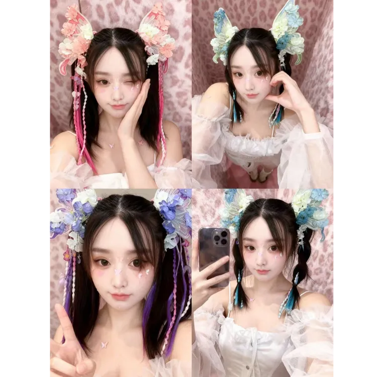 紫蝴蝶翅膀辫子脸贴共9件套