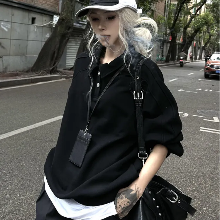 美式街头翻领polo卫衣女秋季2025新款慵懒风宽松显瘦黑色百搭上衣