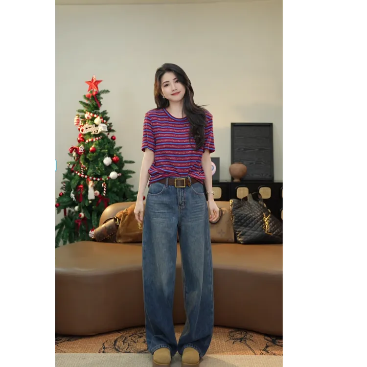 小乖逃休闲时尚蓝色条纹拼红短袖打底圆领轻熟风秋冬百搭款251209