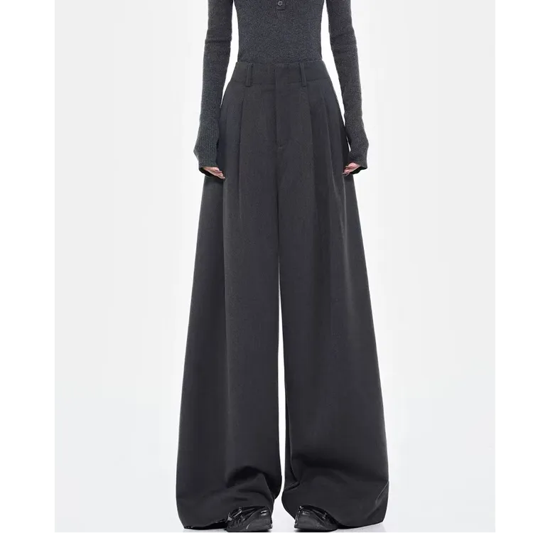 春秋新款灰色百搭阔腿裤女褶皱宽松女褶皱宽松垂感西装裤