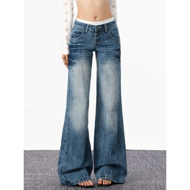 美式复古辣妹微喇牛仔裤女秋冬2025新款宽松显瘦阔腿直筒喇叭裤子