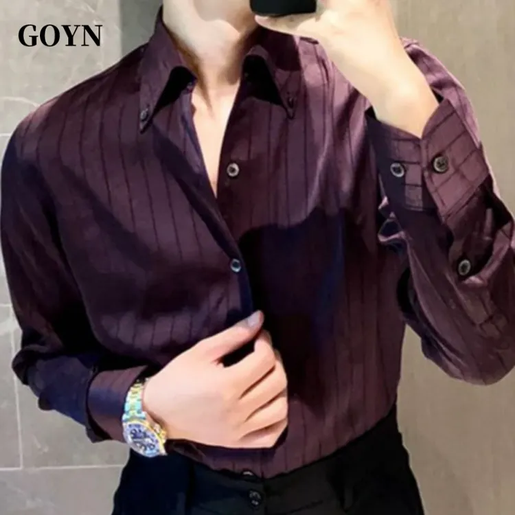GOYN夏季新款修身轻奢长袖条纹衬衫男士痞帅潮流百搭男款休闲衬衣