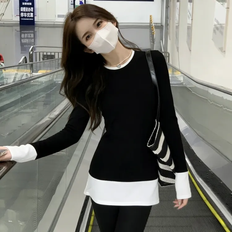 高级韩版chic别致黑白撞色假两件秋季时尚休闲百搭显瘦打底上衣潮