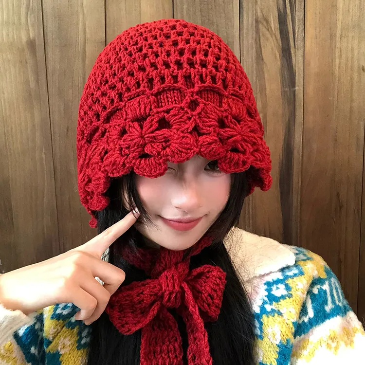 日系手工钩花毛线针织帽子女秋冬季新款编制包头帽加厚保暖护耳帽