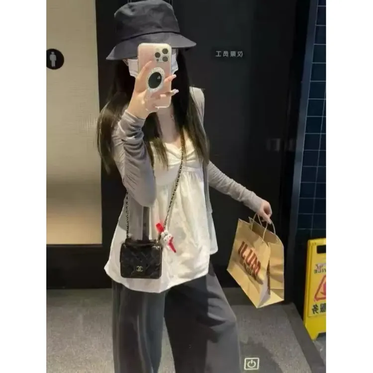 针织长袖开衫+白色吊带上衣+凉感拖地长裤套装 80932