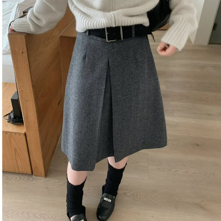 灰色羊毛呢半身裙高腰显瘦中裙a字裙