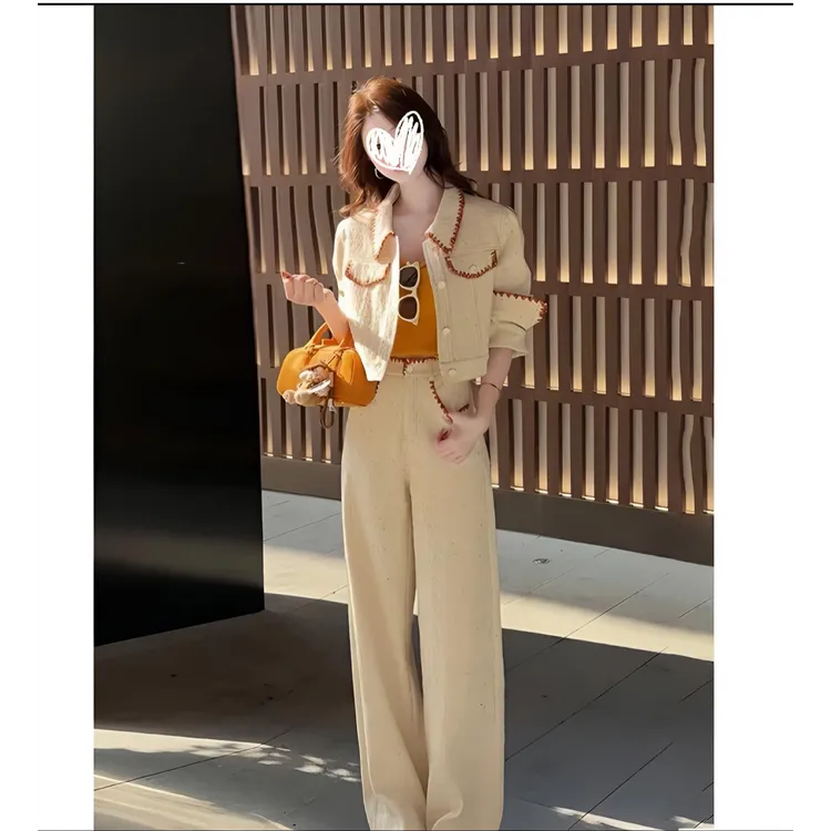 2025秋季新款小香风撞色拼接单排扣翻领短外套+高腰阔腿裤两件套