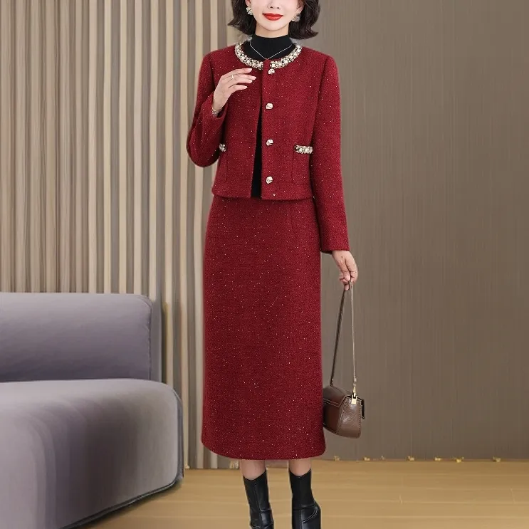 秋冬时尚小香风两件套装裙女高级感减龄婆婆红色喜妈妈结婚宴礼服