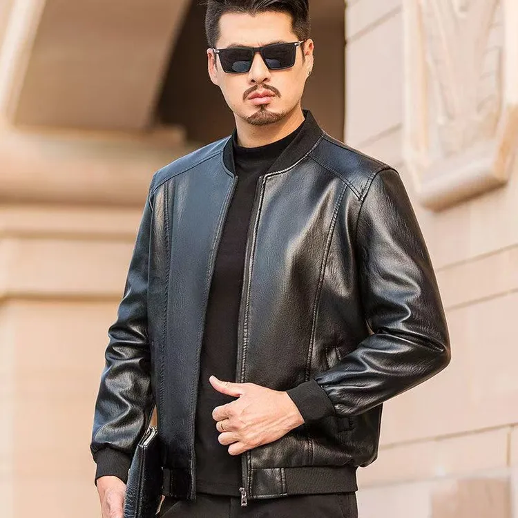 棒球领加厚加绒皮衣夹克男士保暖棒球领男皮衣秋冬季潮流休闲皮衣