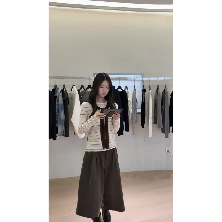 MARIE.COCO韩系简条纹长袖针织衫女早秋季毛衣穿搭休闲灯芯绒中裤