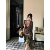 拼接假两件格纹荡领长袖上衣T恤女Q 9550#